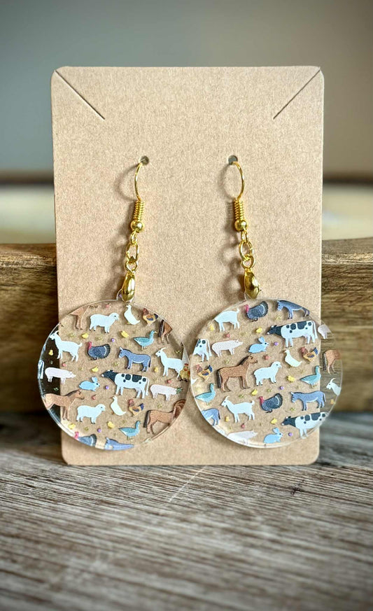 Acrylic Dangle Earrings - All Farm Animals Design