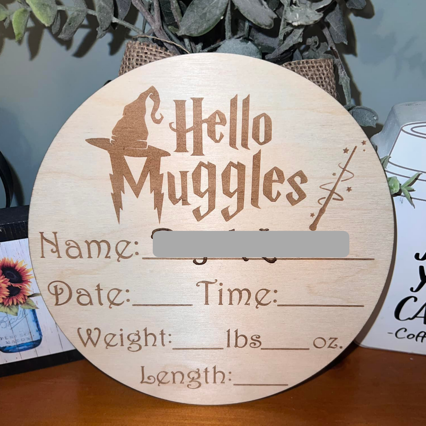 Engraved Wood Baby Announcement Plaque - Wizard Themed