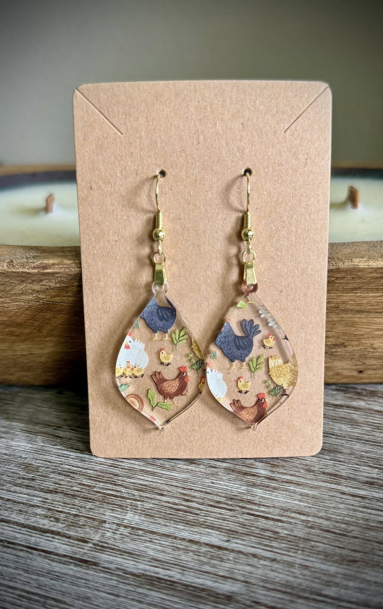 Acrylic Dangle Earrings- Chicken Design