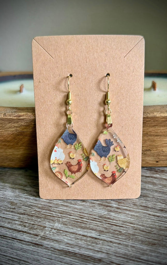 Acrylic Dangle Earrings- Chicken Design