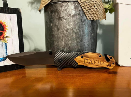 Custom Engraved Olive Wood Handle Knife