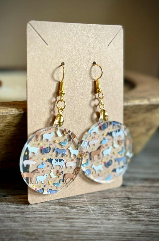 Acrylic Dangle Earrings - All Farm Animals Design